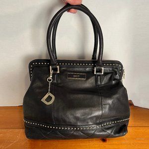 DKNY Large Studded Black Leather Satchel w/ Adjustable Shoulder Strap